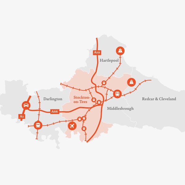 A map showing transport links to Stockton-on-Tees