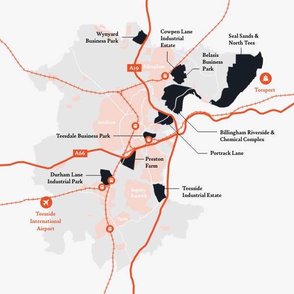 A map showing industrial estates within Stockton-on-Tees